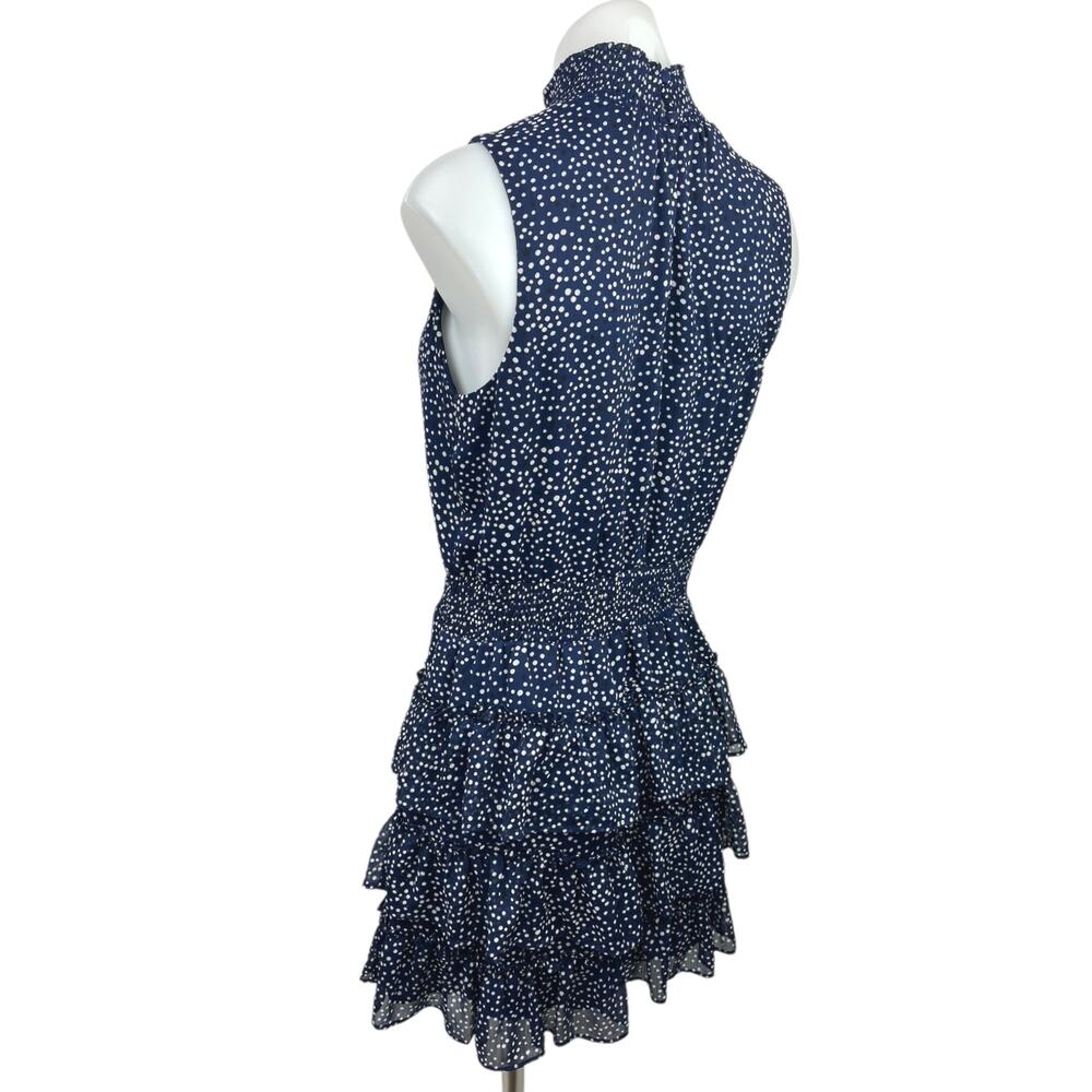 Express Navy Blue White Polka Dots Turtleneck Sleeveless Ruffle Tiered Dress M - Picture 2 of 5